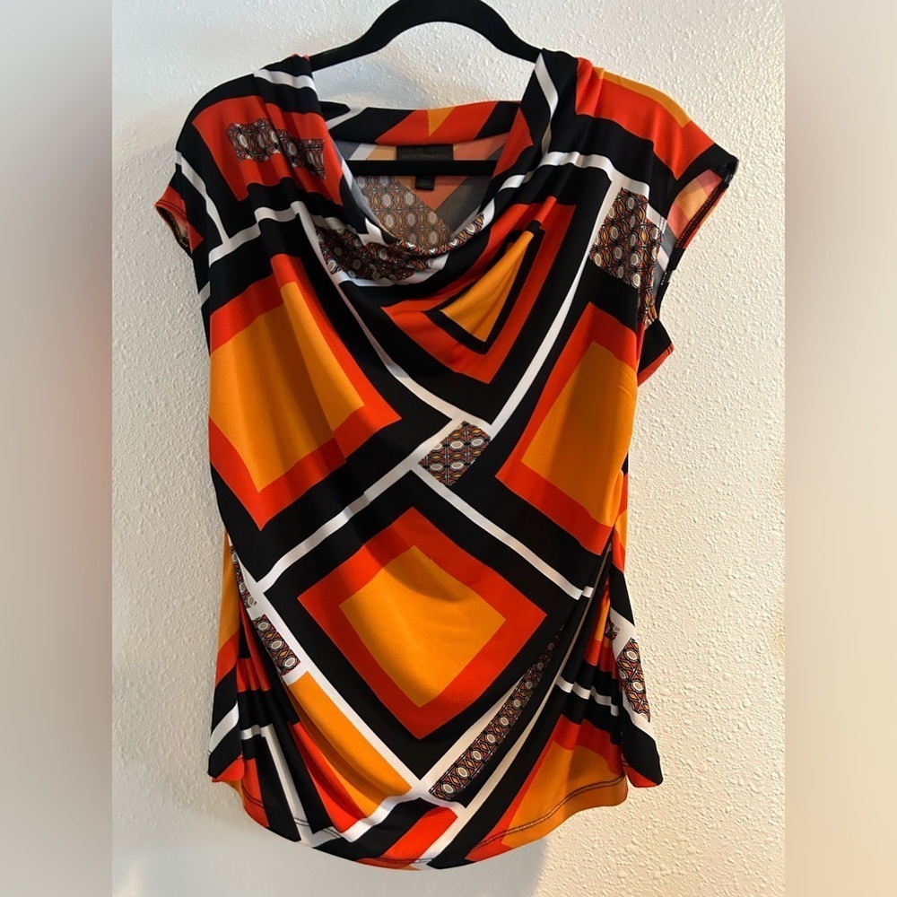 Worthington Orange and Black Geometric Blouse Size Large Petite